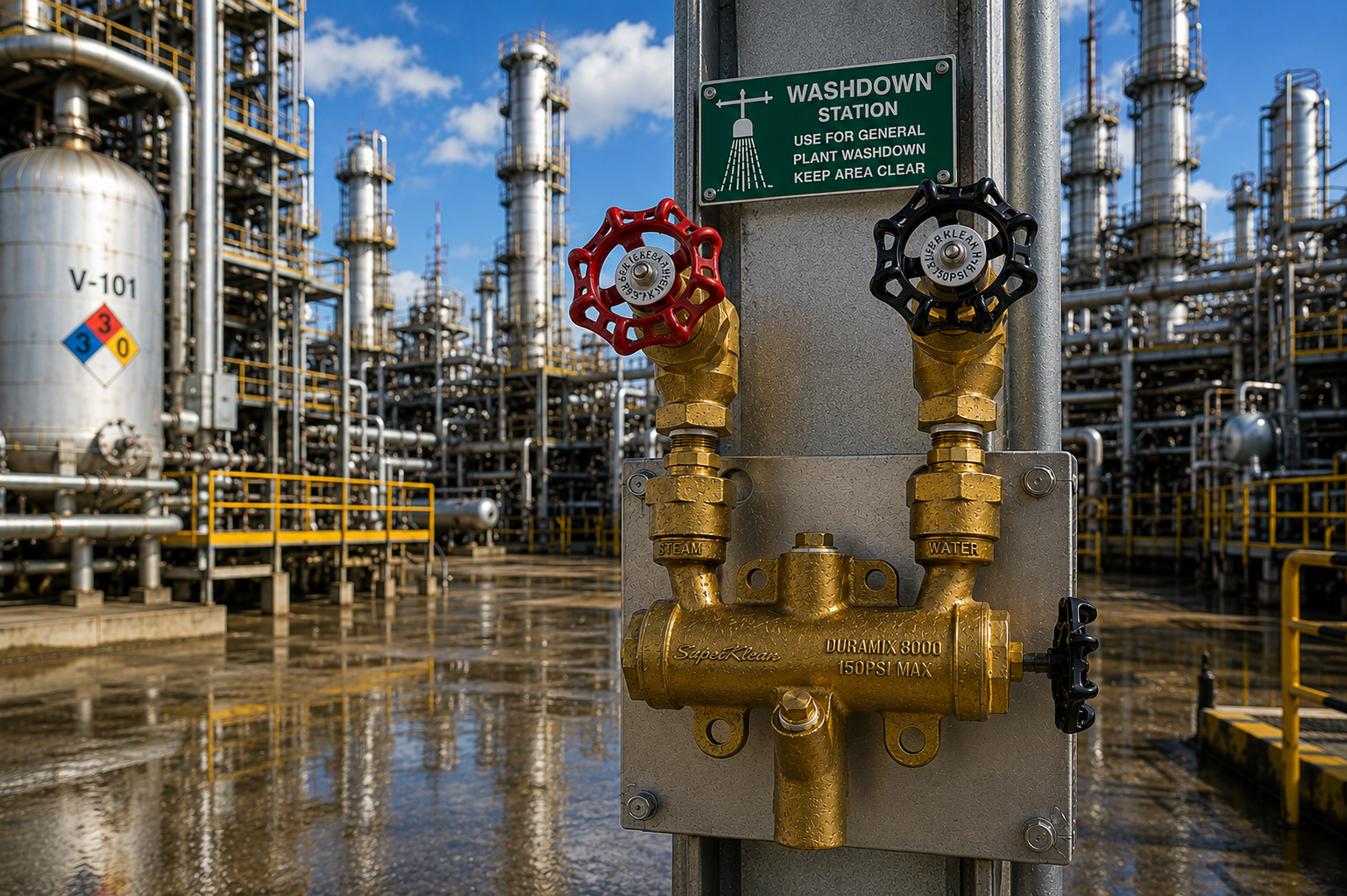SuperKlean DuraMix 8000 washdown station installed at industrial refinery — steam and water valves, 150 PSI rated